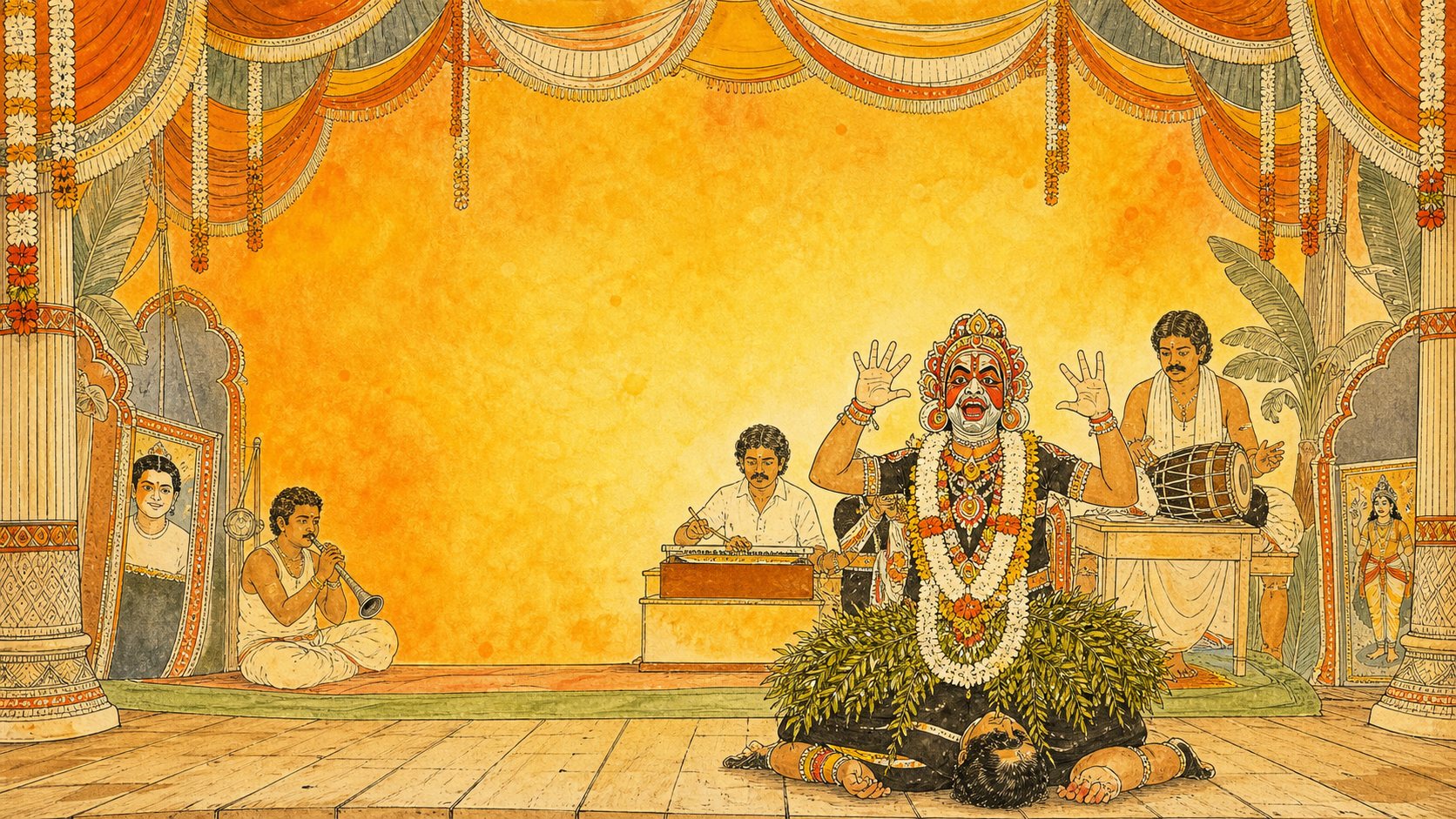 Raja Desingu Nadaga Mandram - hand drawn Tamil therukoothu performance illustration